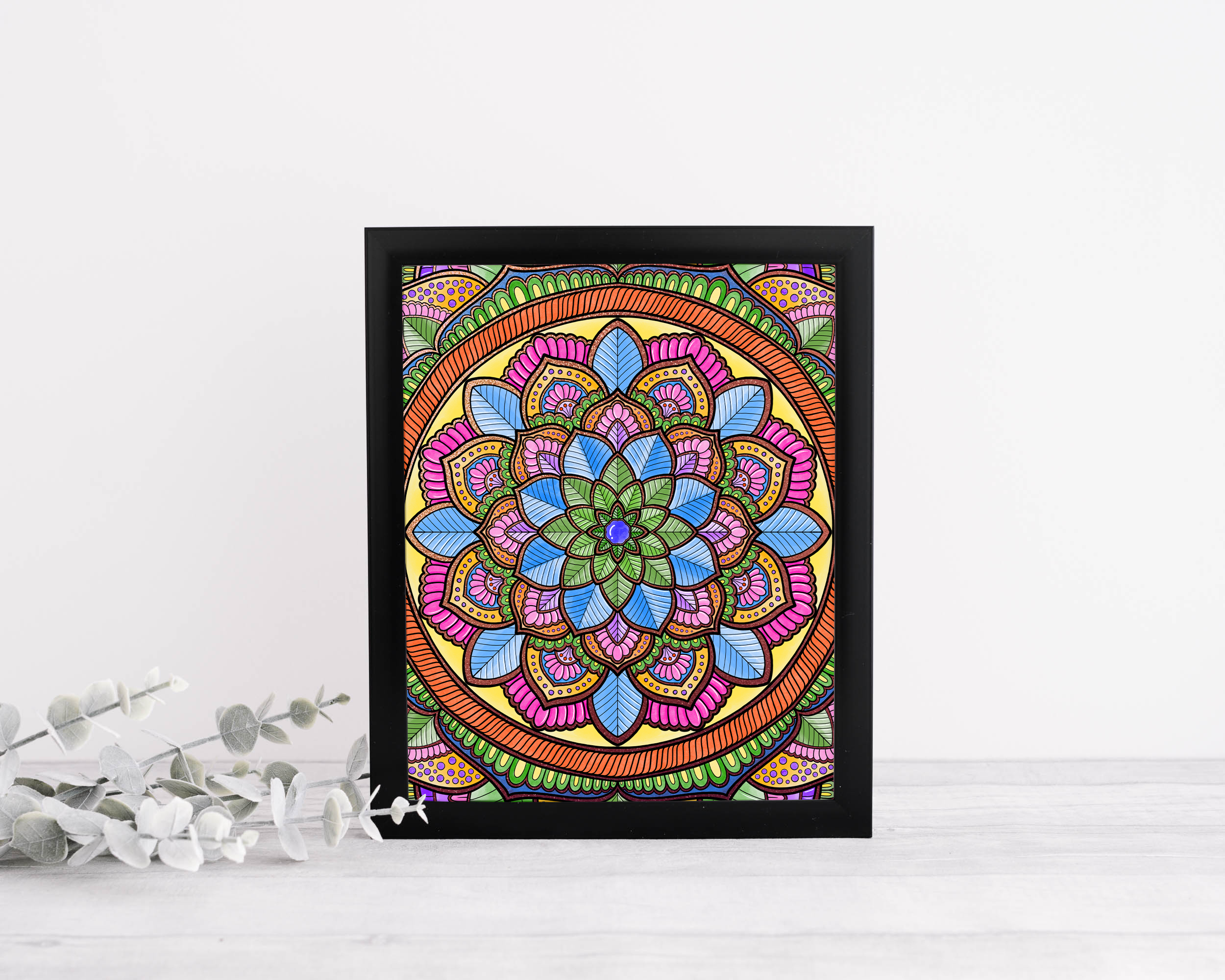 Colorful Mandala framed art print in lifestyle setting